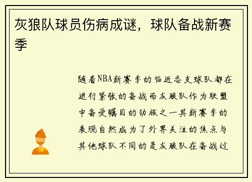 灰狼队球员伤病成谜，球队备战新赛季